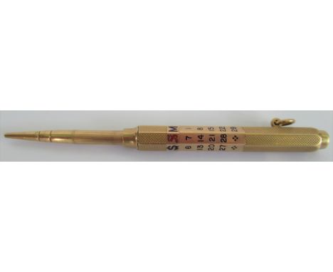 Sampson Morden, a yellow metal and enamel propelling pencil , the panelled body with enamelled marks and dates, engine turned