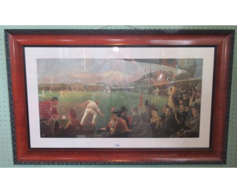 A mahogany framed and glazed coloured print, depicting the imaginary cricket match, England v Australia 1886, by Sir Robert P