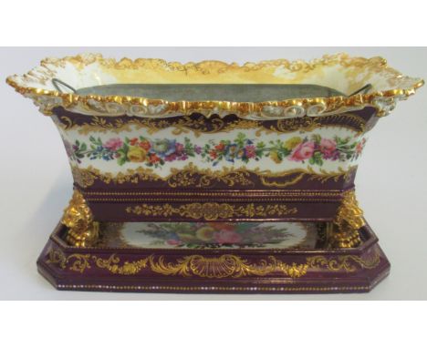 A 19th century Jacob Petit porcelain bulb planter and stand, with gilt purple and floral decoration, blue marks to base. Cond