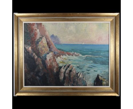 20th C. European School Impressionist Coastal Seascape. Oil on board. Appears to be unsigned. Sight Size: 17.5 x 23 in. Overa