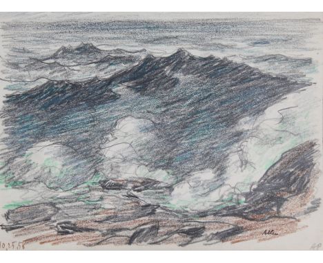 Frank Leonard Allen (Massachusetts, Maine, 1884 - 1966) Coastal Seascape. Colored Pencil/Paper. Size: 8.75 x 11.5 inches. All