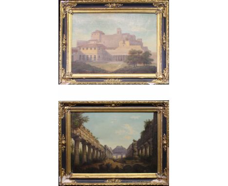 (2) 19th C European School Architectural Paintings. Oil on Canvas. Sight Sizes: 17 x 24.5 in. Overall Sizes: 24 x 31 in. Cond