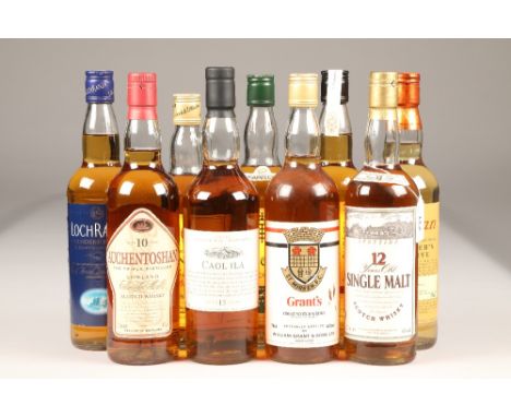 Nine assorted bottles of whisky including:12 year old Speyside single malt whisky, 40% vol, 70cl.,15 year old Caolila, Islay 