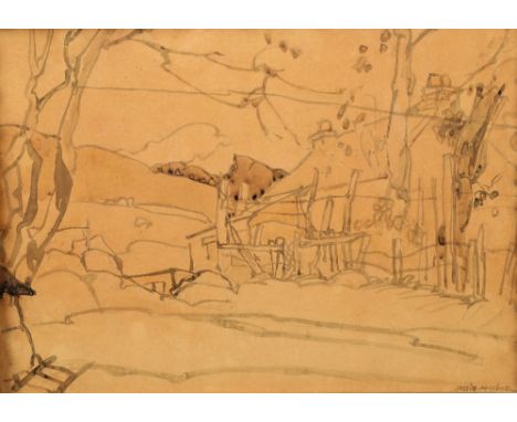 Jessie Marion King (British 1875-1949)Framed signed sketch,'Country Landscape with Cottage'19.5cm x 27cm Label verso