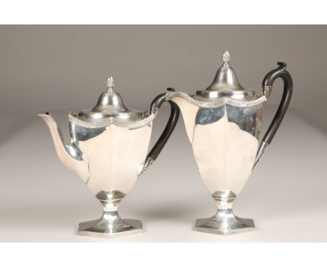 1920's silver four piece tea service, hexagonal faceted form with pineapple finials, assay marked Birmingham 1927, Elkington 