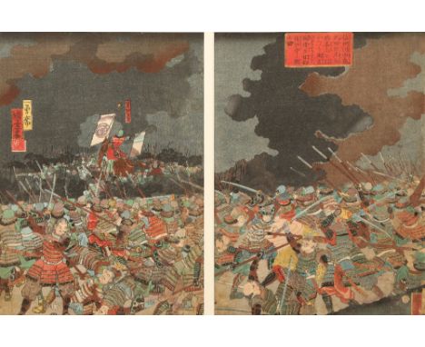 KuniyoshiFramed Japanese woodblock print - diptychSignature on the plate, date stamped, hare for October-November 1855'Attack
