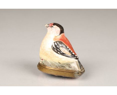19th century French gilt metal and enamel trinket box in the form of a goldfinch, length 5cm, width 3.5cm, height 6cm