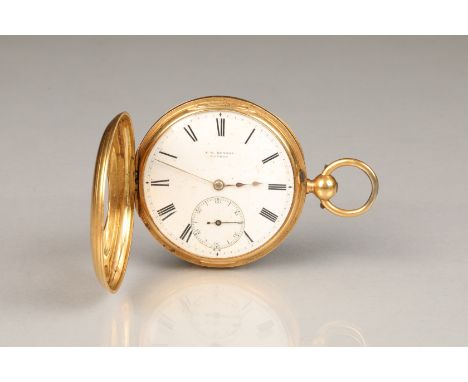 Gents 18 carat gold half hunter pocket watch, white enamel dial, roman numerals, seconds subsidiary dial, by J.W. Benson, Lon