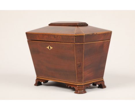 Georgian mahogany tea caddy, sarcophagus form, hinged cover revealing twin compartments with lids, raised on bracket feet, le