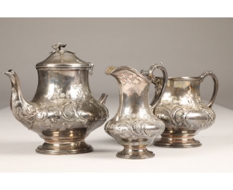 Victorian 3 piece embossed silver tea service, teapot handle damaged, 1645g CONDITION REPORT:Three piece silver tea service, 