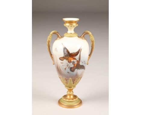 Royal Worcester China works vase, baluster form with scroll handles, hand painted two fighting eagles in a mountain landscape