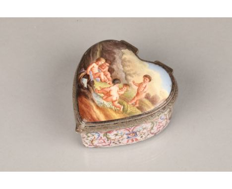 19th century French white metal and enamel trinket box, heart shaped, hand painted landscapes with putti at play, length 6.5c