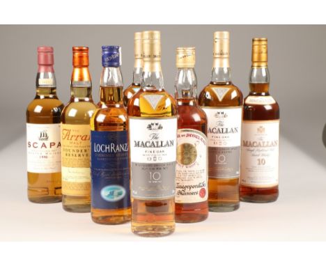 Ten assorted bottles of Whisky including: 15 year Macallan Fine Oak Highland single malt scotch whisky, 43% vol, 70cl., 10 ye