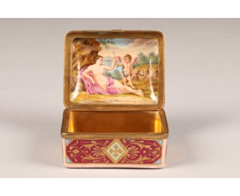 19th century French gilt metal and porcelain trinket box, hinged cover with painted scene of a courting couple, the interior 