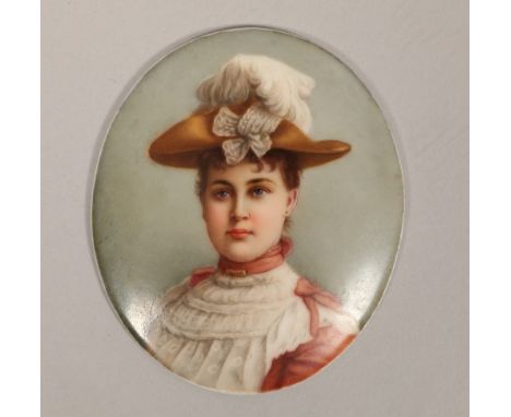 Unframed and unsigned hand painted miniature on porcelain, portrait of a young woman, incised number 385, 90mm x 75mm