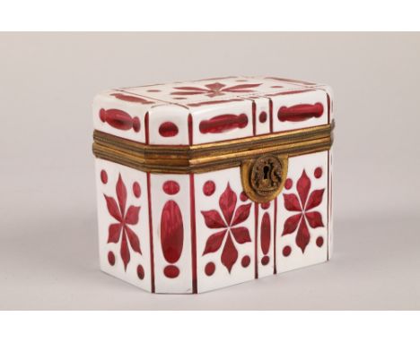 19th century bohemian white overlaid ruby glass box, hinged cover with lock (no key), length 13cm, width 9cm, height 10cmCOND
