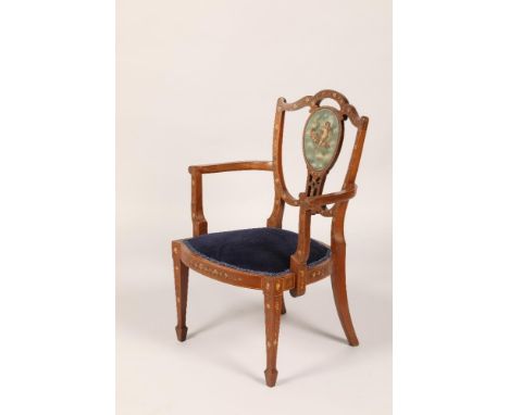 Edwardian mahogany open armchair, central panel hand painted with cherub holding flowers, with hand painted floral decoration