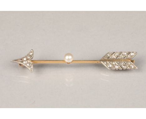 Unmarked gold and diamond bar brooch in the form of an arrow, the arrow head and flight feathers mounted with old cut diamond