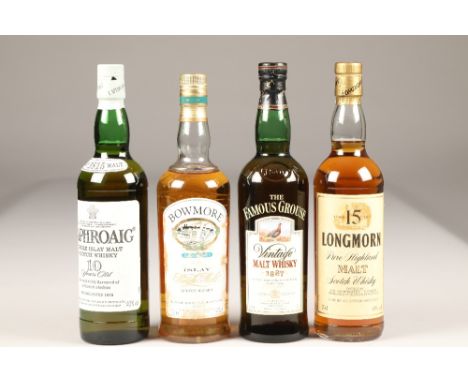 Bowmore Islay single malt scotch whisky, 70cl, 40% vol, with tube, Longmorn 15 year old pure Highland malt scotch whisky, 70c