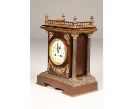 19th century French bronzed and gilt metal mantle clock, white enamelled dial, decorated with flowers and butterflies, flanke