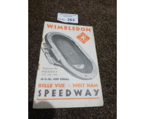 Speedway : Wimbledon: Belle Vue v West Ham ACU Cup Final 15/10/1934 programme - good cond