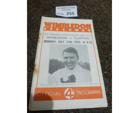 Speedway : Wimbledon v Clapton 24/07/1933 programme - sl. rusted staples but good cond