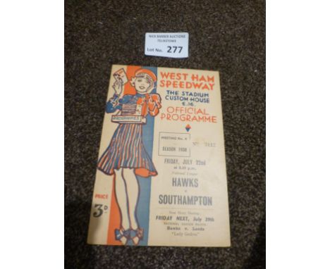 Speedway : West Ham Hawks (Junior Team) v Southampton programme 22/07/1938 - good cond
