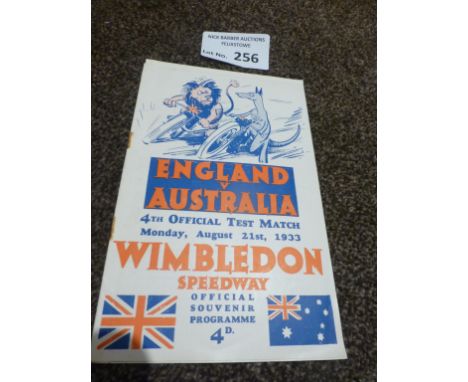 Speedway : Wimbledon - England v Australia 4th Test Match programme 21/08/1933
