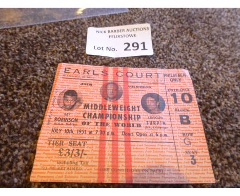 Boxing : World Middleweight Champs - Ray Robinson v Ranolph Turpin @ Earls Court 10/07/1951 - ticket for the event in fine co