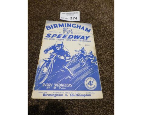 Speedway : Birmingham v Southampton programme 20/04/1938 in good cond