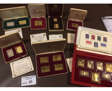 Stamps : Hallmark replica stamps - issued in the 1970s - some silver / gold plate but 5 being gold inc PUC £1 , SILVER WEDDIN