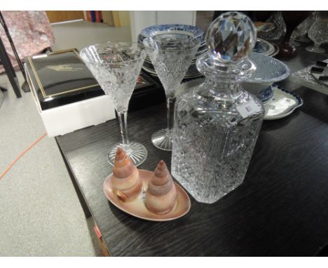 A cut glass decanter and two wine glasses, with Carltonware cruet