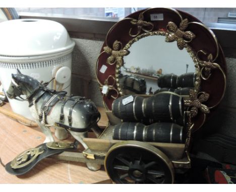 A miscellaneous selection including wall mirror, ceramic horse with cart and horse brasses
