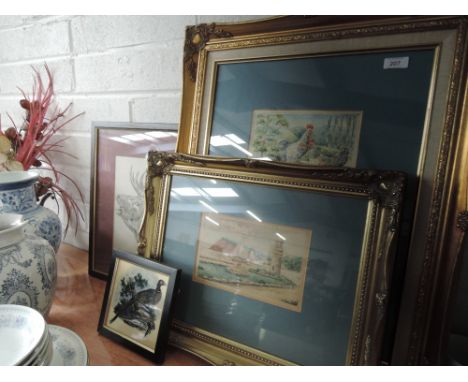Two watercolours including poultry interest and lighthouse both signed Z T, a print Stag after David F Clark, and a tile of a