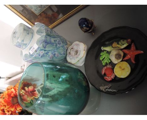 A selection of glass and ceramics including lamp base, Lilliput Lane church etc
