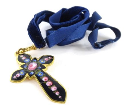A Victorian style crucifix pendant, with enamel design of roses and pansies, in gilt metal backing, on watch type clip, with 