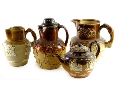 Four items of stoneware, to include a flagon, decorated with figures, windmill, hunting scene, etc., with plated domed cover,