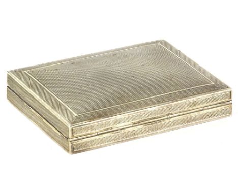 A George V Art Deco engine turned cigarette box, the interior enclosing a cedar lined interior, Birmingham 1924, 12cm W.