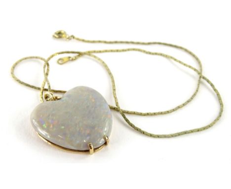 A heart shaped opal pendant, in a 9ct gold wire frame, on gold plated neck chain, the pendant 2.5cm x 3cm, boxed.