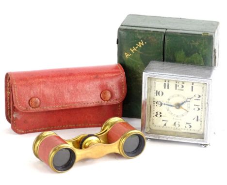 An Art Deco chrome plated travelling eight day clock, with green leather outer case, stamped A. H-W, and a pair of French sma