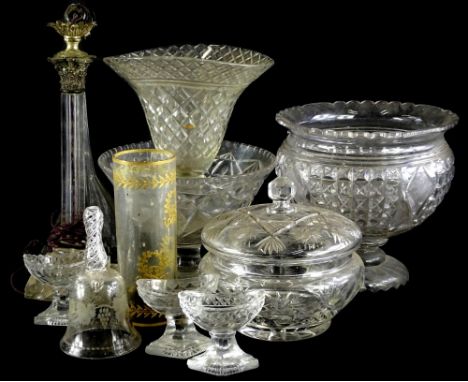 A quantity of 19thC and later cut glass, to include a column candlestick (AF), a funnel, set of three salts, etc.