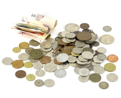 A collection of coins, a mercantile marine First World War medal, awarded to a Claude Kemp, etc.