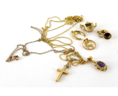 Various 9ct gold chains and charms, to include an amethyst set floral pendant on fine link chain, horse shoe pendant, teapot 