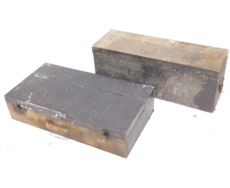 Two black painted pine tool chests, and a small amount of tools.