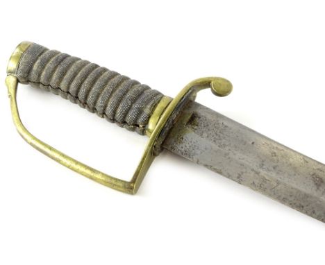 An 1850 pattern police officer's cutlass, with a curved blade, leather and brass scabbard and a shagreen handle, 78cm L.