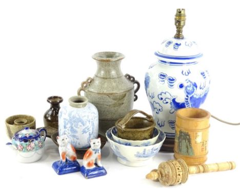 A collection of ceramics, etc., to include a Tibetan carved wooden prayer wheel, a pair of modern Staffordshire cats, 19thC W