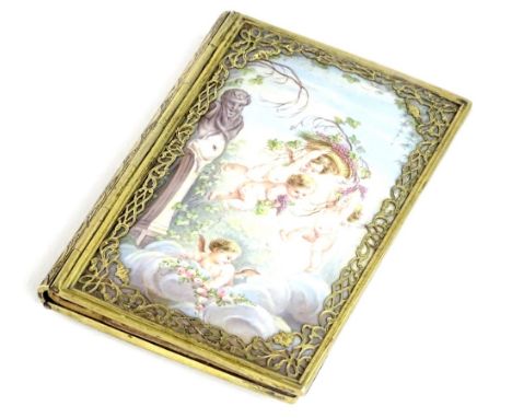 A 19thC continental enamel card case, with gilt yellow metal pierced mounts, decorated overall with putti, flowers, and a sat