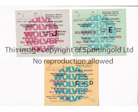 WOLVES       Three unused home ticket for UEFA Cup ties v Kilmarnock 72/3, Locomotive Leipzig 73/4 and Porto 74/5.     Good