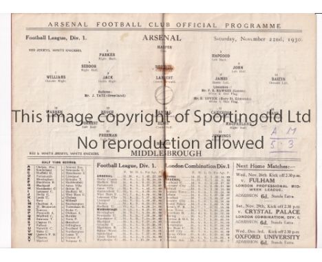 ARSENAL  Programme for the league match at home v Middlesbrough 22/11/1930, slightly creased.   Generally good