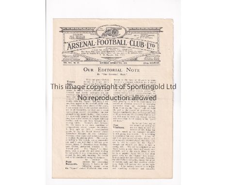 ARSENAL   V TOTTENHAM HOTSPUR 1924       Programme for the league match at Arsenal 25/10/1924, slight horizontal creased and 